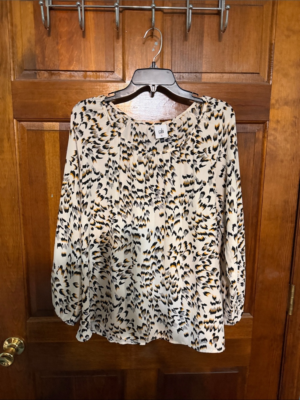 CAbi Cream Leopard-Print Long-Sleeve Top with Black & Gold Accents